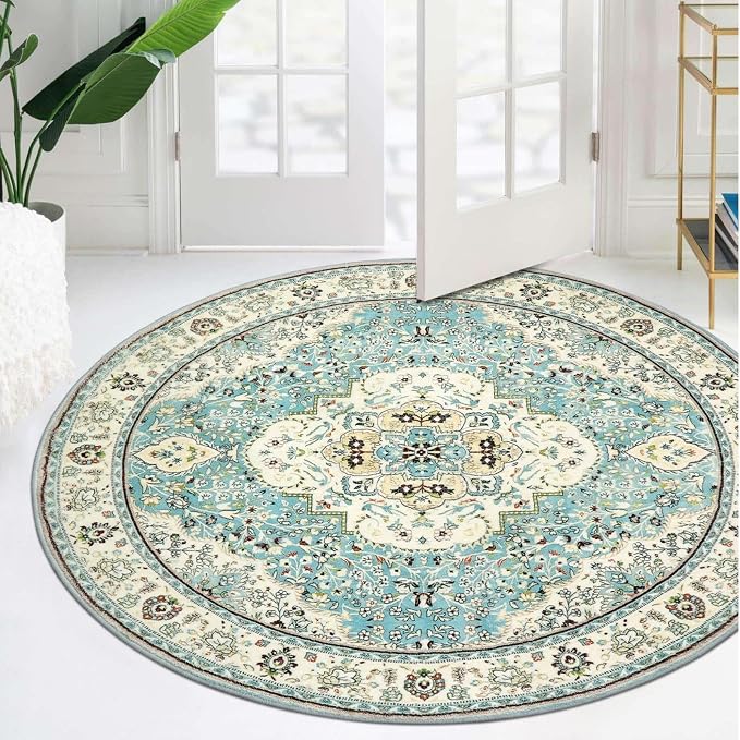Lahome Felice Floral Medallion Round Rug - 4Ft Distressed Round Entrance Area Rug, Soft Non-Slip Machine Washable Foyer Mat Indoor Floor Office Chair Carpet for Playroom Recliner Nursery