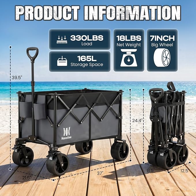 Navatiee 330Lbs Collapsible Folding Wagon, Beach Wagon Cart Heavy Duty Foldable with Big Wheels, Utility Grocery Wagon with 165L Large Capacity for Camping Garden Sports, Gray