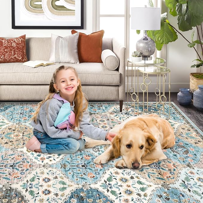 ROYHOME 8x10 Area Rug Trellis Machine Washable Rug for Living Room | Stain Resistant Non-Slip Accent Rug Carpet Farmhouse Vintage Distressed Floral Floor Cover for Bedroom, Blue/Taupe