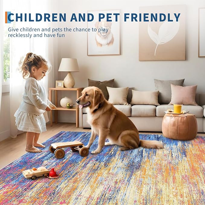 ROYHOME Modern Abstract Living Room Rug 8x10, Blue/Orange | Washable Area Rugs for Bedroom, Stain Resistant Non Slip Large Rug, Soft Indoor Carpet for Dining Room Table Home Decor