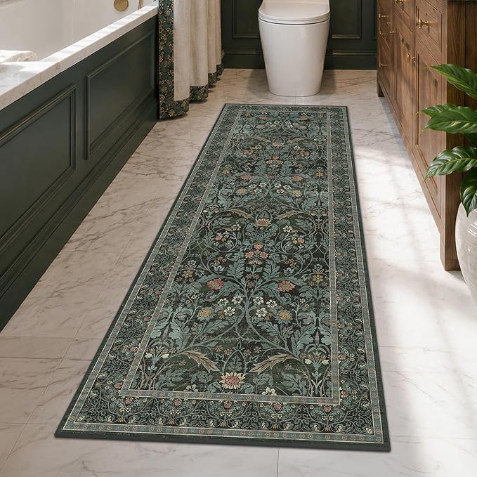 Dusty Teal 2x6 Washable Runner Rug Non Slip - Bathroom Kitchen Runner 6ft - Floral Soft Thin Rug Non Skid for Bath Entryway Hallway, Vintage Low Pile Stain Resistant Floor Carpet(Dark Green)