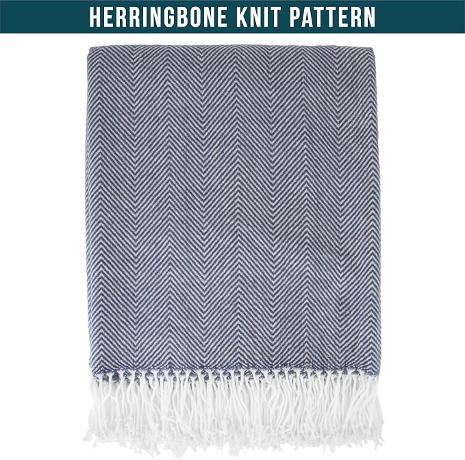 PAVILIA Navy Blue Herringbone Throw Blanket for Couch Bed, Decorative Outdoor Throw Blanket, Faux Cashmere Blanket Throw, Lightweight Accent Sofa Blanket Throw, 50x60