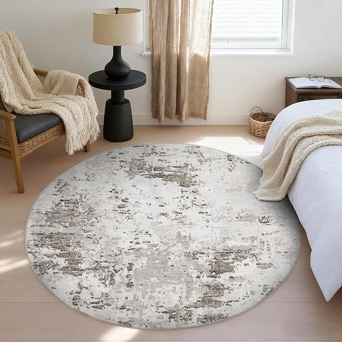ROYHOME Modern Abstract 4x4 Round Area Rug Non Slip, Taupe/Beige | Non Shedding Rug Low Pile Stain Resistant for Bedroom Living Room office Dining Room