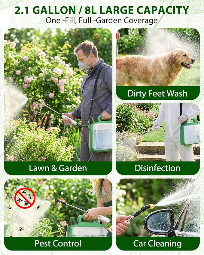 2 Gallon Electric Garden Sprayer, Upgrade Battery Powered Weed Sprayer with 3 Mist Nozzles & 5 Spray Modes, IP67 Rechargeable Handle, Retractable Wand, Sprayer with Shoulder Strap for Yard, Lawn Care