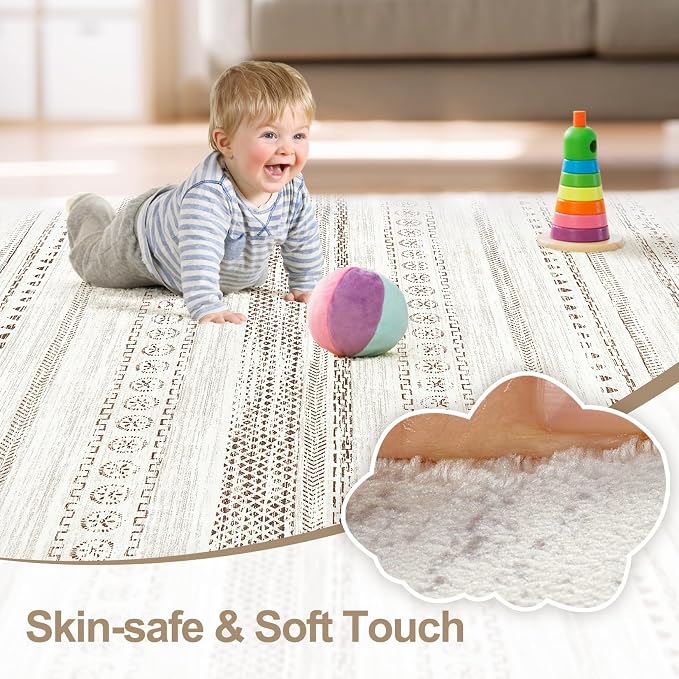 kakania Washable 6x9 Area Rug for Living Room: Boho Geometry Home Decor | Soft Stain Resistant, Low-Pile, Non-Slip, Pet & Kid Friendly, Thin Rug for Bedroom/Dining Room/Kids Dorm - Brown