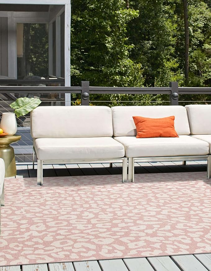 Unique Loom Outdoor Safari Collection Area Rug - Leopard (10' Square, Pink Ivory/ Ivory)