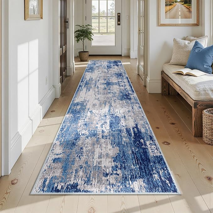 RELEANY Washable Runner 2'6"x14' Abstract Area Rug for Hallway Blue Gray | Carpet for Kitchen, Entryway, Bathroom, Living Room, Bedroom, Printed Pattern, Non‑Slip, Soft, Stain‑Resistant, Easy to Clean