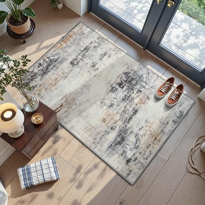 Toneed Washable 2x3 Grey/Brown Area Rug with Non-Slip Backing for Entryway | Abstract Modern Small Throw Rugs, Soft Low Pile Door Mat for Bedroom Kitchen Hallway Indoor Floor Home Decor