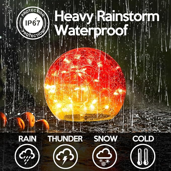 Outdoor Waterproof Solar Gradient Red Globe Lights, Led Solar Round Gazing Balls Ornaments for Lawn Garden Patio Table Art Decoration, Back Yard Landscape Illuminated Cracked Glass Sphere Light Orbs