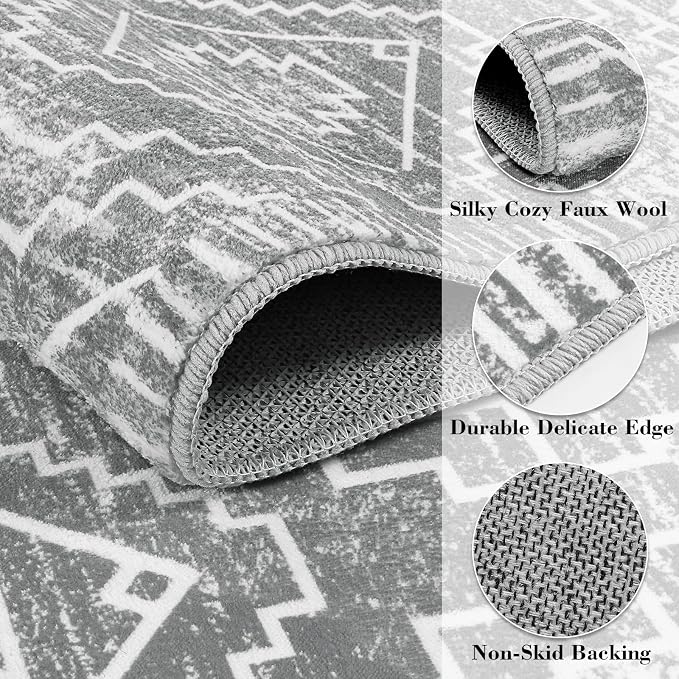 Wonnitar Moroccan Gray Area Rugs for Living Room, Washable 5x7 Boho Bedroom Rugs, Non-Slip Large Soft Dining Room Throw Mat, Floor Carpet for Basement Guest Room Office (Silver Grey,5'x7')