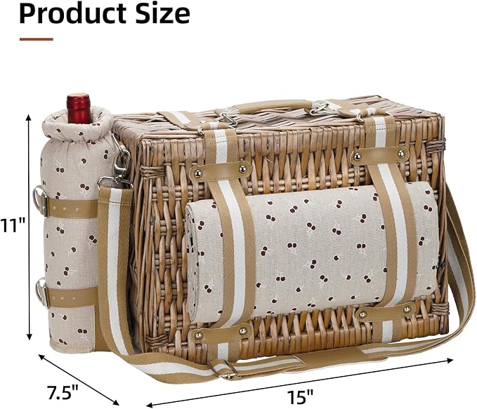 19Pcs Picnic Basket for 2 with Blanket - Wicker Picnic Basket with Strap,Wine Bag | Willow Picnic Set for 2 Person with Insulated Cooler | Wicker Hamper with Cutlery Kit, Beige