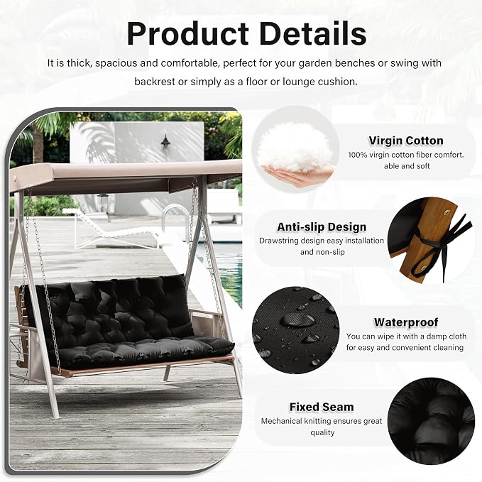 Porch Swing Cushion with Backrest,Waterproof Bench Cushion for Outdoor Furniture,2-3 Seater Replacement Thickened 5 in swing cushion,with Ties,Patio,Outdoor,Backyard and Garden (Black,60x40 in)
