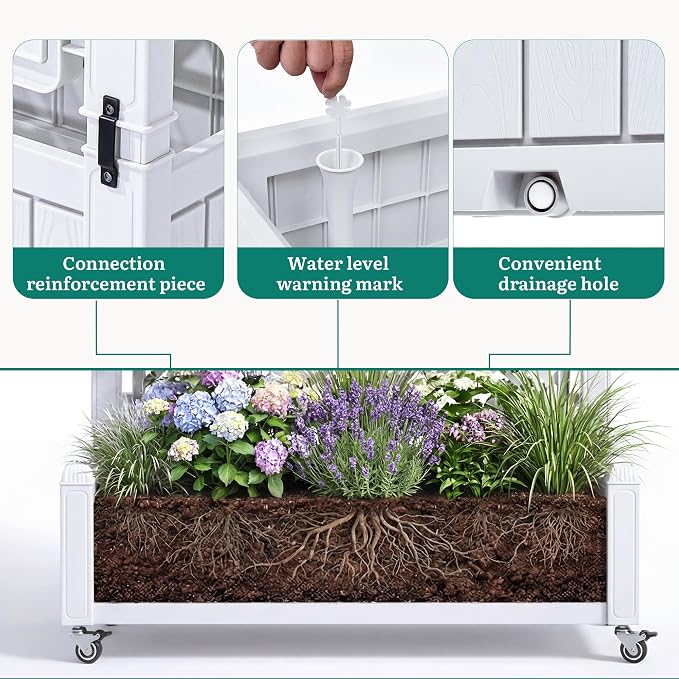 YITAHOME 43.3x17.7x61 in Planter Boxes Outdoor with Trellis, Resin Raised Garden Bed with Wheels & Drain Plug for Climbing Plants, Weather-Resistant Design Elevated Garden Bed with Trellis, White