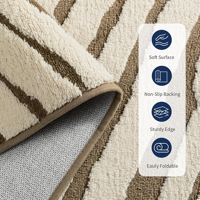 5x7 Area Rug for Living Room, Washable Cream Brown Bedroom Rug | Washable Modern Minimalist Rug for Bedroom, Living Room, and Office with Abstract Stripes and Non-Slip Backing