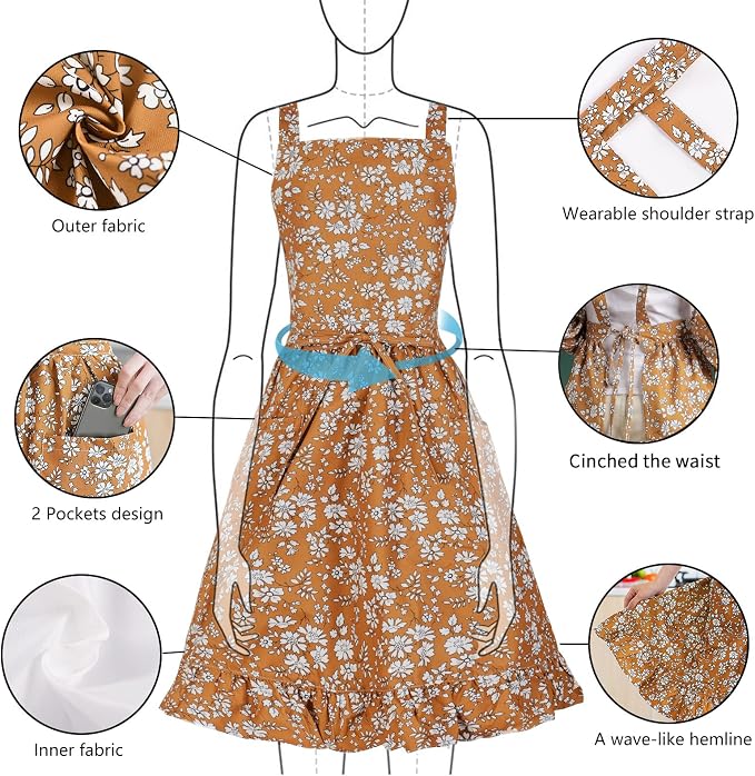 Pinknoke Vintage Pinafore Apron Dress for Women with Pockets Cute Floral Chef Aprons for Kitchen Cooking Baking Gardening