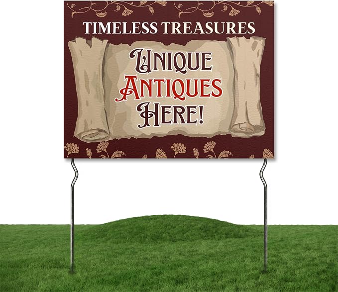 Timeless Treasures - Unique Antiques Here! Yard Sign by DC | 24"x18" Double Sided Conv. Store Garden Sign with 13” Metal Stakes | Outdoor Signs Waterproof for Lawn, Patio, Sidewalk & House | Set of 3