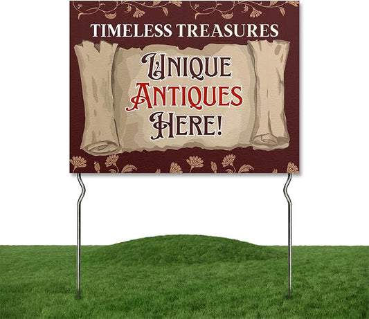 Timeless Treasures - Unique Antiques Here! Yard Sign by DC | 24"x18" Double Sided Conv. Store Garden Sign with 13” Metal Stakes | Outdoor Signs Waterproof for Lawn, Patio, Sidewalk & House | Set of 1