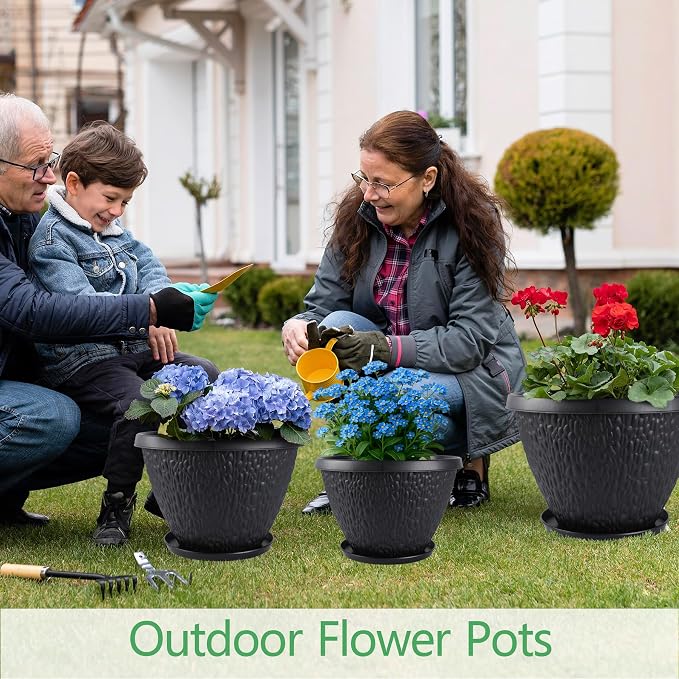 Nooulap 4 Pack 10 inch Plant Pots for Outdoor Indoor, Durable Flower Pots with Drainage, Indoor Outdoor Planters for Herbs Flowers Small Trees (Black Pebbles Design)