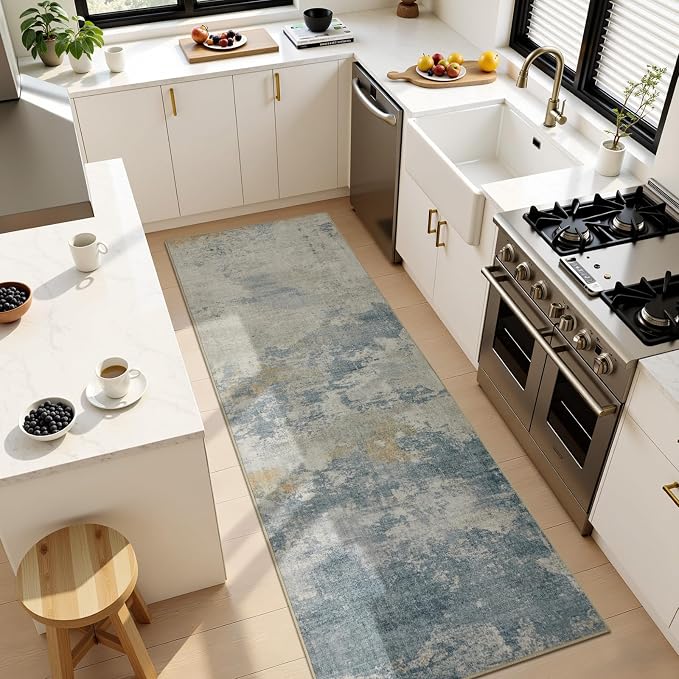 Joydeco 2x6 Washable Runner Rug for Hallway, Modern Abstract Non-Slip Soft Rugs, Low Pile Carpet for Entryway, Bedroom, Kitchen, Laundry, White & Blue & Gold