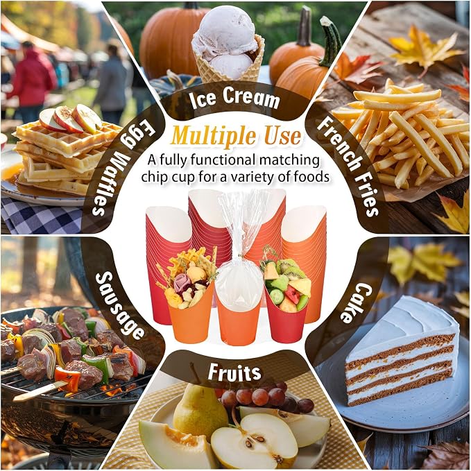 FYSUIMU 60Pcs Fall Colors Charcuterie Cups with 100Pcs Sticks 60 Plastic Treat Goodie Bags Twist Ties 14oz Orange Red French Fries Cup Holder for Home Kitchen Autumn Thanksgiving Party
