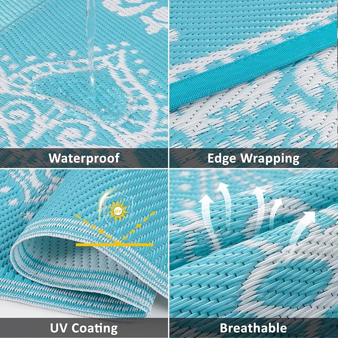 Pauwer Waterproof Outdoor Rug 6x9, Reversible Plastic Straw Patio Camping Rug, Indoor Outdoor RV Mat Carpet for Deck, Camper, Porch, Balcony, Backyard, Picnic, Floral Teal