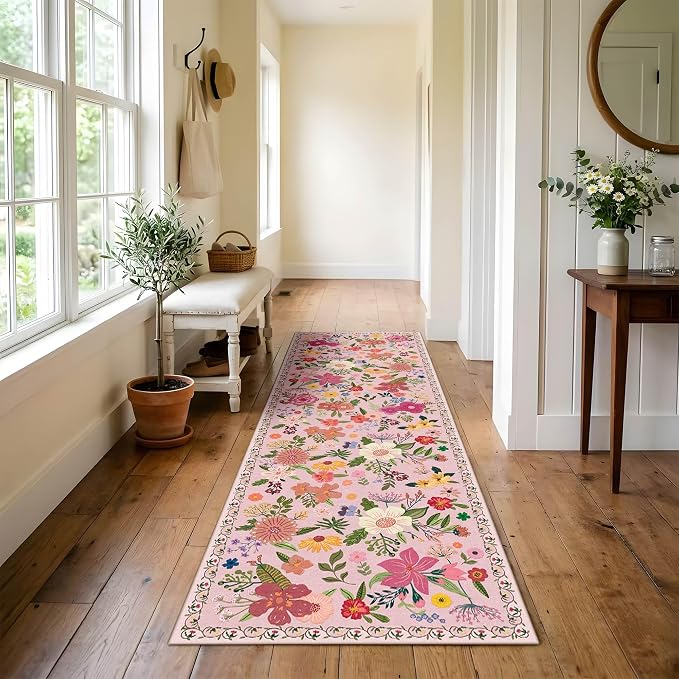 Latte&Fog Washable Hallway Runner Rug 2x6 Non Slip Pink Rugs for Kitchen | Low Pile Soft Cute Throw Rug Doormat for Entrance Bathroom Laundry Bedside Bedroom Nursery Playroom Hallyway Dorm Office