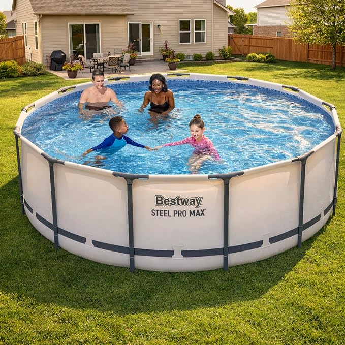 Bestway Steel Pro MAX 13' x 48" Above Ground Swimming Pool Set with Pump | Durable Round Metal Frame Outdoor Backyard Pool, Puncture-Resistant Liner - Ladder and Cover Included, Gray