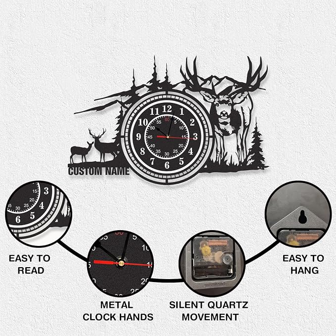 Personalized Name Outdoor Wall Clock, Metal Deer Wall Clock, Silent Non Ticking, Battery Operated, Deer Wall Art, Black Rustic Clocks for Living Room Farmhouse, Hunting Gifts, Cabin Decor