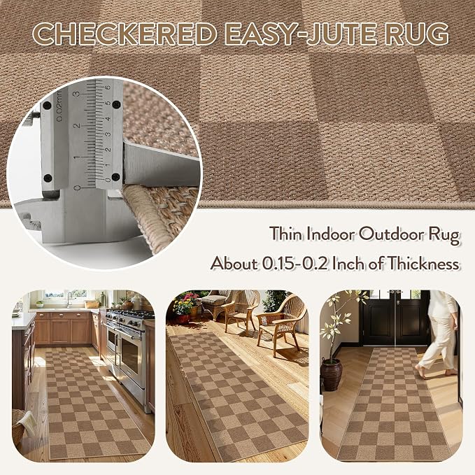 Lahome Colette Checkered Easy Jute Kitchen Runner, 2x8 Washable Indoor Outdoor Runner Rug, Checkerboard Non Slip Non Shedding Neutral Carpet for Hallway Entryway Foyer