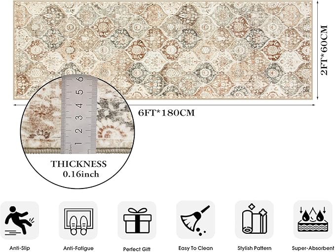 Lahome Moroccan Hallway Runner, 2x6 Kitchen Runner Rugs Non Skid Washable | Trellis Vintage Laundry Room Rug Ultra-Thin Long Carpet for Bathroom Bedroom Entryway Elise, Khaki