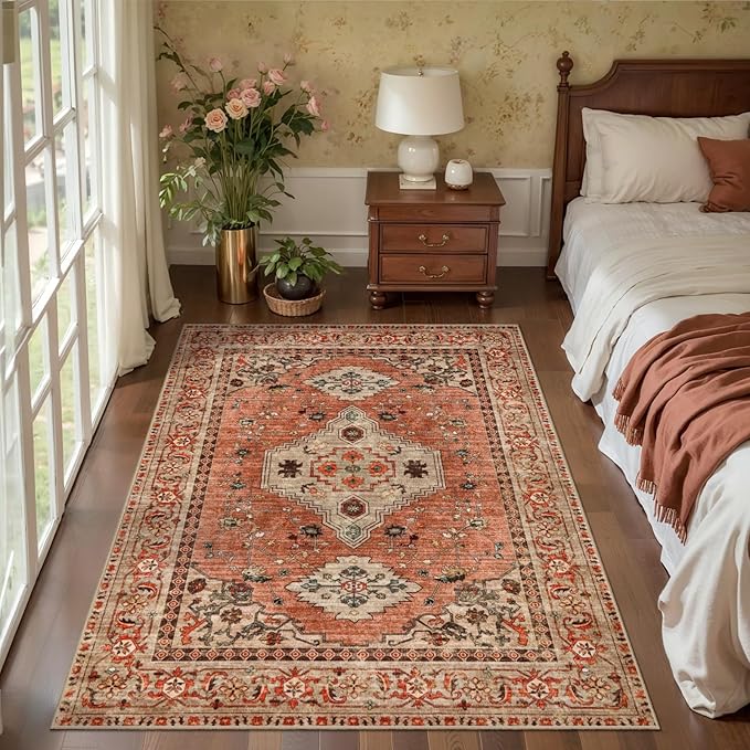 Tangsoo Oriental 3x5 Washable Rugs, Non Slip Accent Rugs for Entryway | Vintage Print Terracotta Indoor Carpet, Boho Soft Low Pile 3x5 Area Rugs for Living Room Bedroom Dining Room Bathroom Decor