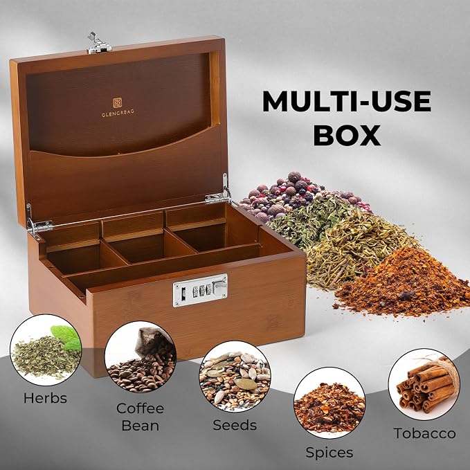 GLENCREAG Stash Box with Rolling Tray, Smell Proof Large Bamboo Storage Box with Lock, Decorative Set Includes Glass Jars & Grinder, Gift for Men Women