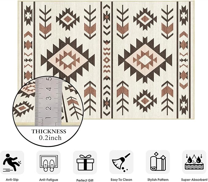Western Area Rug 4x6 for Living Room, Southwestern Aztec Tribal Area Rugs Southwest Navajo Machine Washable Rug Non-Slip Printed Low-Pile Floor Carpet for Bedroom Dining Room Office, Beige