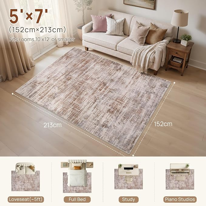 UERMEI 5x7 Area Rug for Living Room Washable Abstract Red Brown Carpet | Low Pile Non-Slip Soft Neutral Modern Kid Pet Friendly Large Rugs For Bedroom Dining Room Nursery Office Indoor Decor