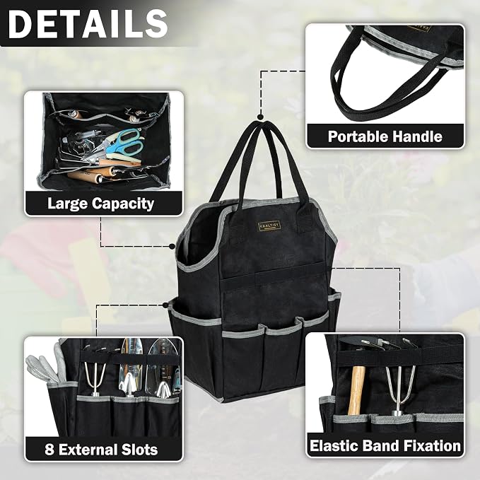 Garden Tool Bag | Heavy-Duty 16oz Waxed Canvas Garden Tool Tote with 8 Pockets | L9.5" x W6" x H15.5" | Tools Storage Bag for Gardeners, Portable Tool Organizer for Garden Essentials