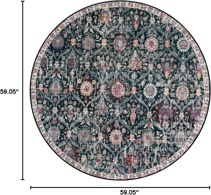 Lahome Moroccan Washable Round Area Rug, Soft Round Rug 5ft Soft Non-Slip | Trellis Non-Shedding Distressed Circle Carpet for Bedroom Living Room Bathroom Nursery Kitchen Elise, Black Multi