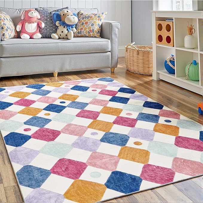 jinchan 3x5 Washable Playroom Rug Kids Room Nursery Classroom Rug Berries | Soft, Non-Slip, Cute, Kid-Friendly, Checkered Diamond Design, Play Mat, Cream Background, Bedroom, Dorm, Daycare, Living Room