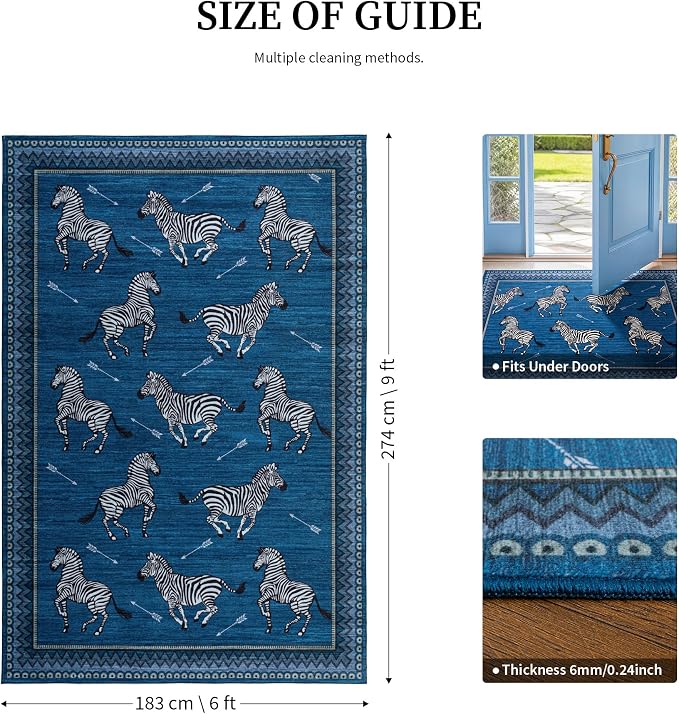 YIHOUSE Blue Zebra Area Rugs 6×9, Washable Animal Print Rug with Southwestern Border, Non-Slip Low Pile Mid-Century Modern Carpet for Living Room, Bedroom, Dining Room