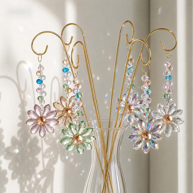 H&D HYALINE & DORA 6 Pcs Colorful Crystal Sunflower Suncatcher Plant Stake Plant Stake with Golden Small Trellis Indoor Outdoor Garden Sun Catchers Decor