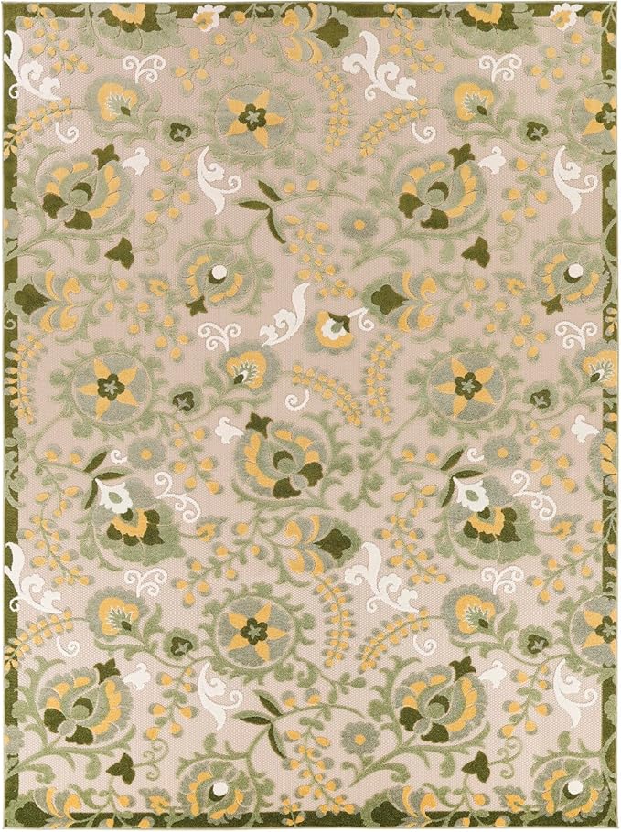 Nourison Home Aloha Ivory Green 10' x 14' Area Rug - Easy Clean, Non Shedding, Bed Room, Living Room, Dining Room, Kitchen (10' x 14')