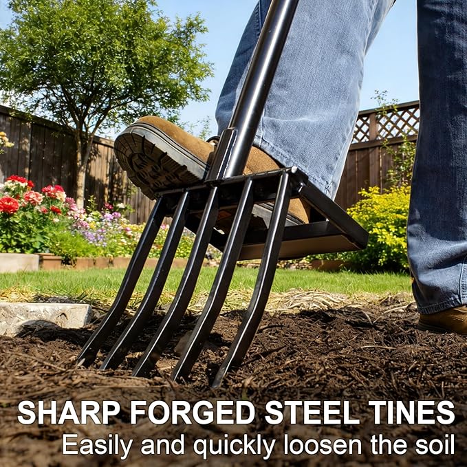VNIMTI Heavy Duty Pitch Fork, 45-Inch Garden Fork with Strong Steel Tines, Long Handle Pitchfork for Gardening