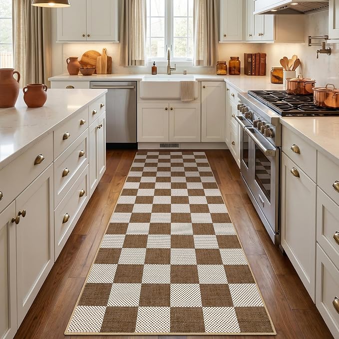 GarveeHome Checkered Terracotta Brown 4x6 Washable Rug Low-Pile for Bedroom | Non-Slip Terracotta Brown Soft Stain Resistant Rug for Bedroom Bathroom Living Room Geometric Modern Rug TPE Backing