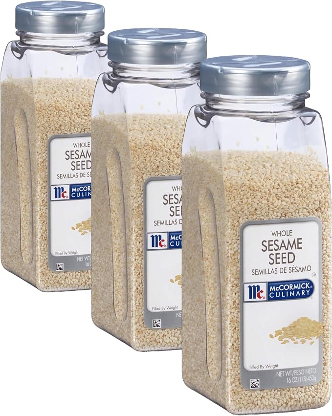 McCormick Culinary Whole Sesame Seed, 16 oz - One 16 Ounce Container of Hulled Whole White Sesame Seeds Perfect for Noodle Dishes, Sushi, Stir-Fries and Coating for Meat and Fish, (Pack of 3)