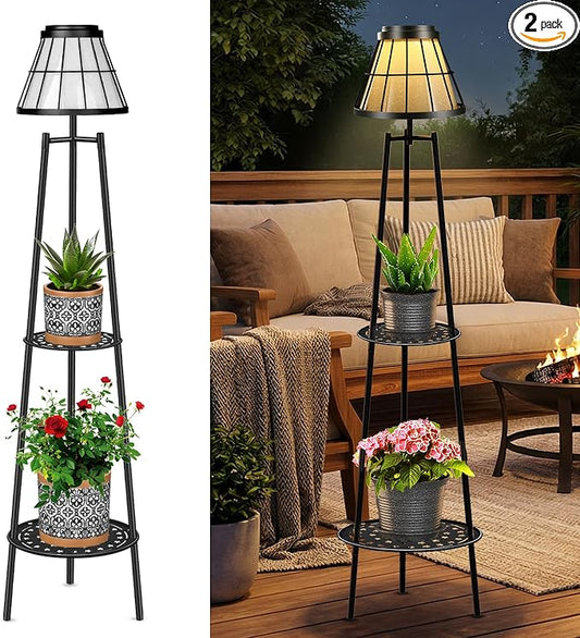MXwcy 2-Tier Solar Plant Stand with Light, Modern Outdoor Floor Lamp with Classic Grid Lantern, Waterproof Tall Metal Planter Display Rack for Patio, Porch, Balcony, Garden Decor (2 Pack)