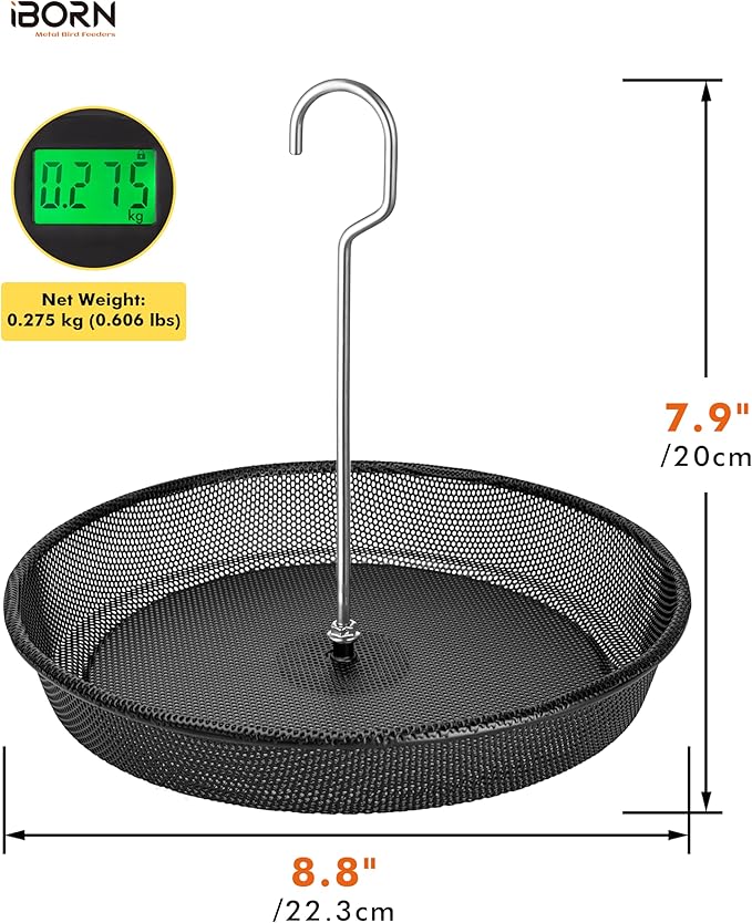 iBorn Hanging Bird Feeder Tray, Metal Mesh Bird Feeder Bowl with Thick Metal Hanger, Sturdy & Durable Bird Feeders for Outdoors, Easy to Refill & Clean, Pack of 1, Black