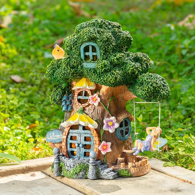Fairy House Garden Outdoor Decor, Large Garden Gnome House and Fairy Figurines with Solar Lights Waterproof Resin Ornaments Decorations for Patio Yard Lawn