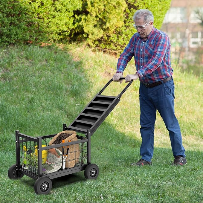 Garden Cart with Seat,3-in-1 Rolling Seat with Wheels for Gardening Seniors | Upgraded Heavy Duty Gardenning Cart with Seat, Supports up to 500 LBS for Seniors, Lawn, Patio & Backyard Gardening, Black