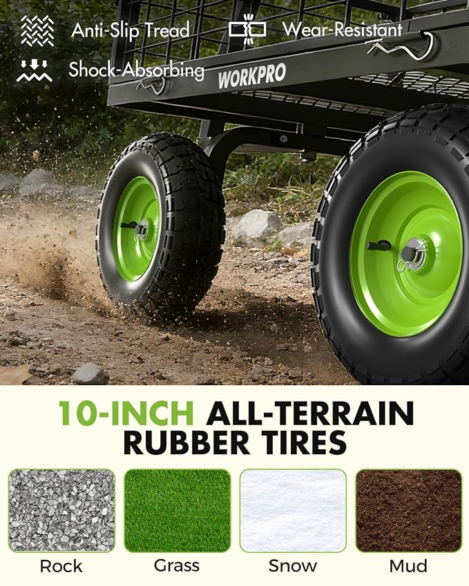 WORKPRO Large Heavy Duty Garden Cart 770 lb, 2-in-1 Convertible Utility Wagon with Removable Sides, 180° Tow Handle for ATV or Lawn Tractor, 270° Steering, Extra Large Yard Cart with All Terrain Tires