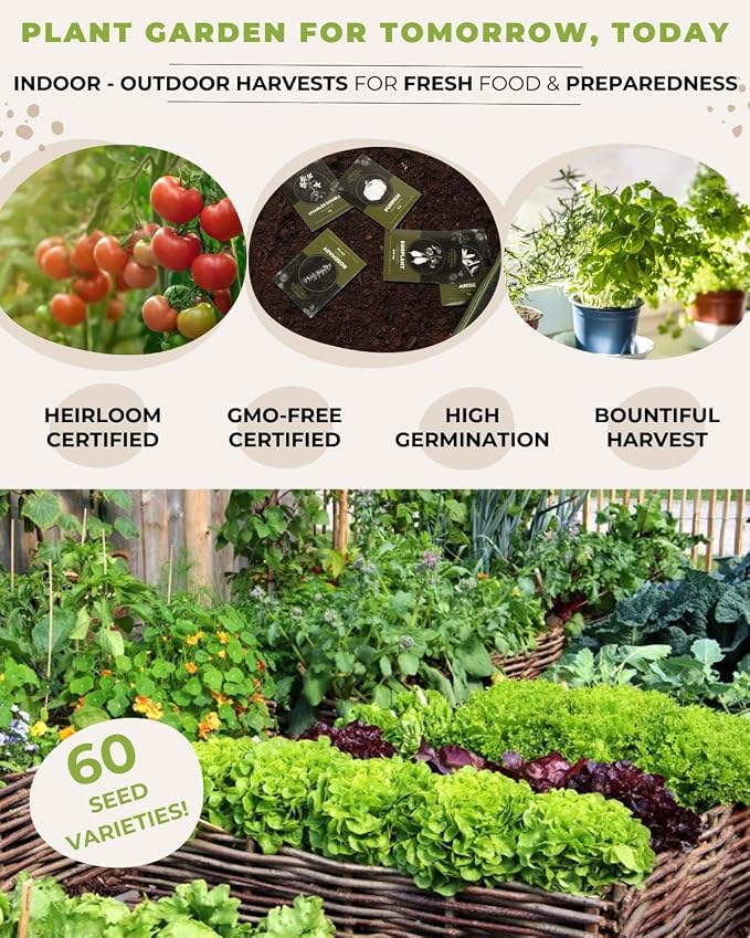 Tactiko Survival 60 Medicinal & Survival Seed Kit – Heirloom Non-GMO USA Grown Seeds for Vegetables, Herbs & Edible Flowers – Emergency Food Supply Vault - Mylar Storage - Tools - Planting Guide