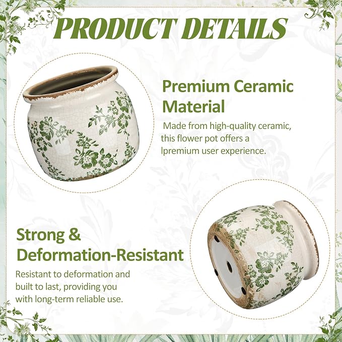 Vintage Planter Large Ceramic Plants Pot Green Beige Vintage Ditsy Ice Crack Cottage Scroll Vase Flower Vase Pot Indoor Plants Home Kitchen Decor Farmhouse Antique Decorative Gifts